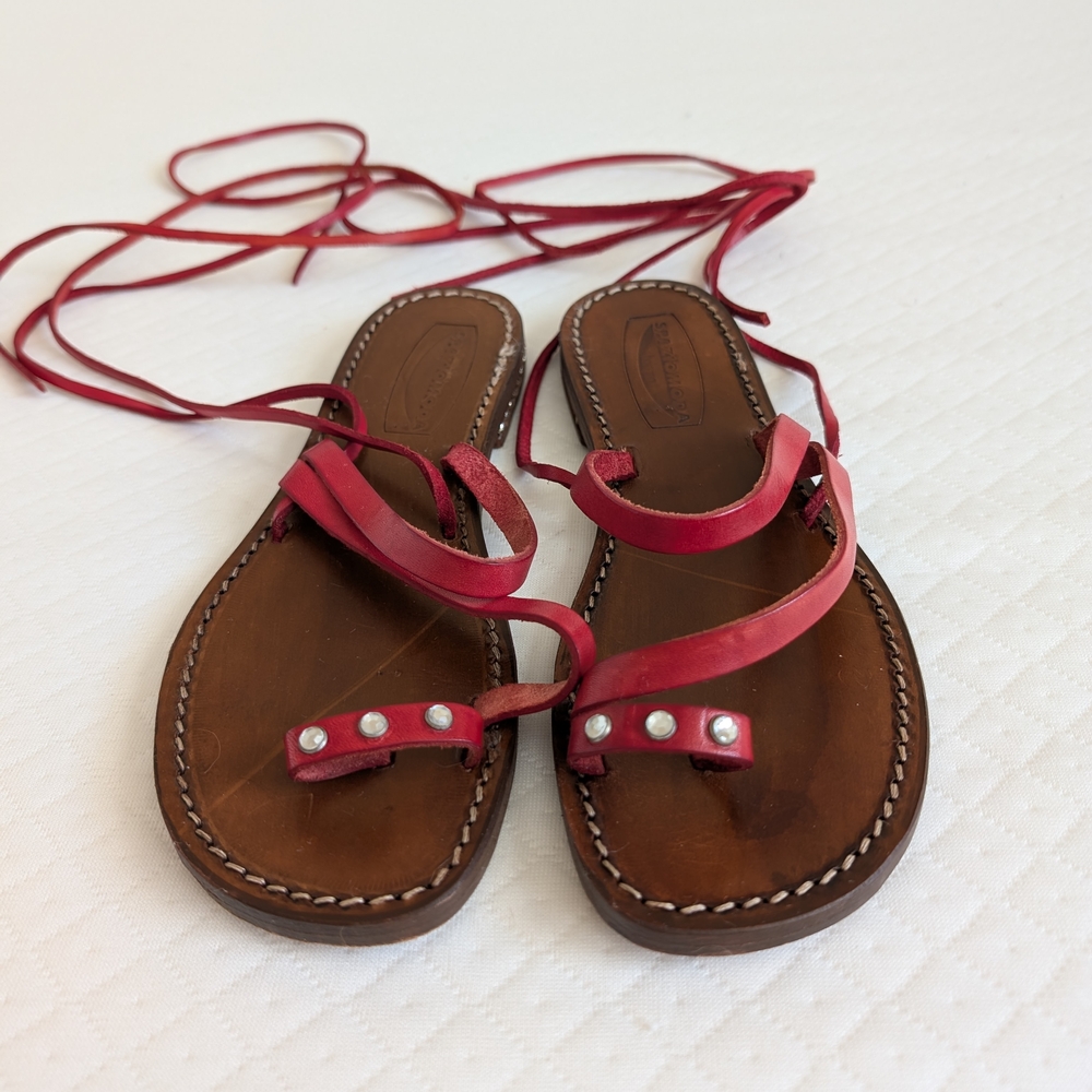 Spaziomoda Red Leather Lace-Up Strappy Gladiator Sandal, diamond studs, size 7.5 - Picture 3 of 15